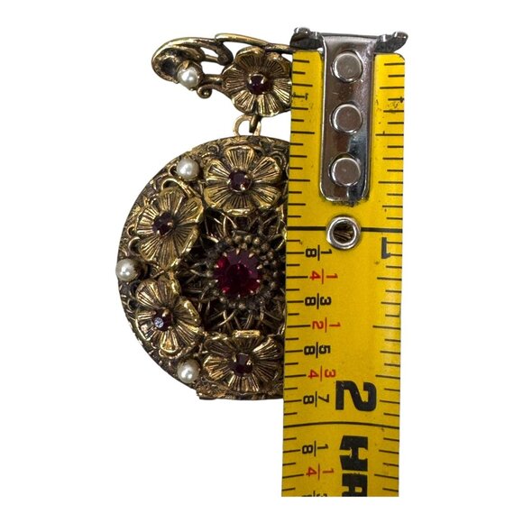 Antique Original By Robert Brooch Locket Ruby Red Rhinestone Floral Faux Pearls - Picture 6 of 8
